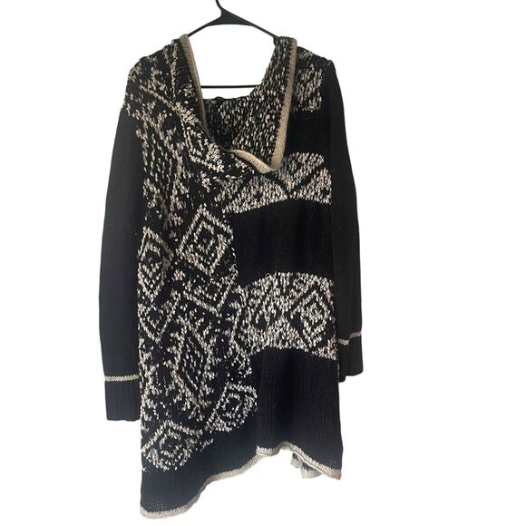 Venus Y2k Size Large‎ Black & White Knit Hooded Long Open Front Cardigan Sweater - Picture 6 of 10